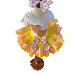 Valentines Day Conversation Hears Tutu Set - Heart Design, Pink Bow, Yellow Skirt