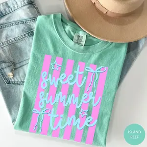 Comfort Colors Striped Sweet Summer Time T-Shirt, Summer Holiday Gift, Summer Vibe Tee, Women Top, For Woman