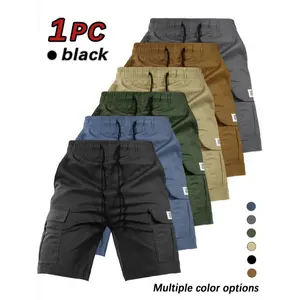 Men'S Casual Cargo Shorts with Drawstring Waist, Flap Pockets & Letter Patch - Breathable Polyester, Regular Fit, Solid Color for Summer, Summer Wear|Casual Style Shorts|Pocketed Short