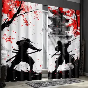 Japanese Cherry Blossom Samurai Print Curtains, Fashionable Rod Pocket Window Drapes for Bedroom and Living Room, Easy Installation