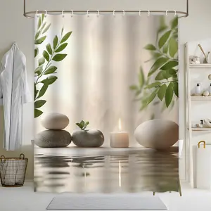 1pc minimalist Zen shower curtain, featuring white stones, gray pebbles, and a lit candle - calming bathroom decor, polyester fiber, 12 hooks, 70.8x 70.8inch, machine washable, bathroom decoration| Calm design| Washable, shower curtain D