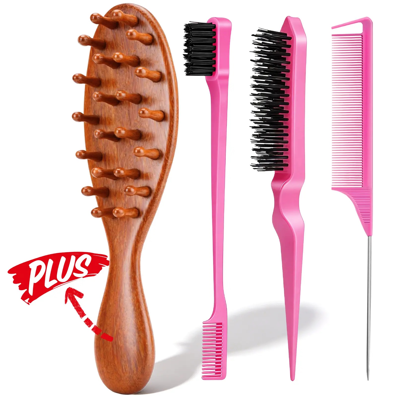 4 Counts Hair Styling Comb Set, Teasing Brush, Rat Tail Comb, Edge Loc Brush for Dreads, Brush for Edge and Back Brushing, Combing, Sleeking & Braiding Hair for Women and Girls