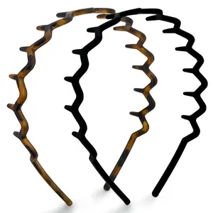 2PCS Zig Zag Headbands for Women Wavy Comb Headband with Teeth Slicked Back Fashion Hair Accessories Black Tortoise