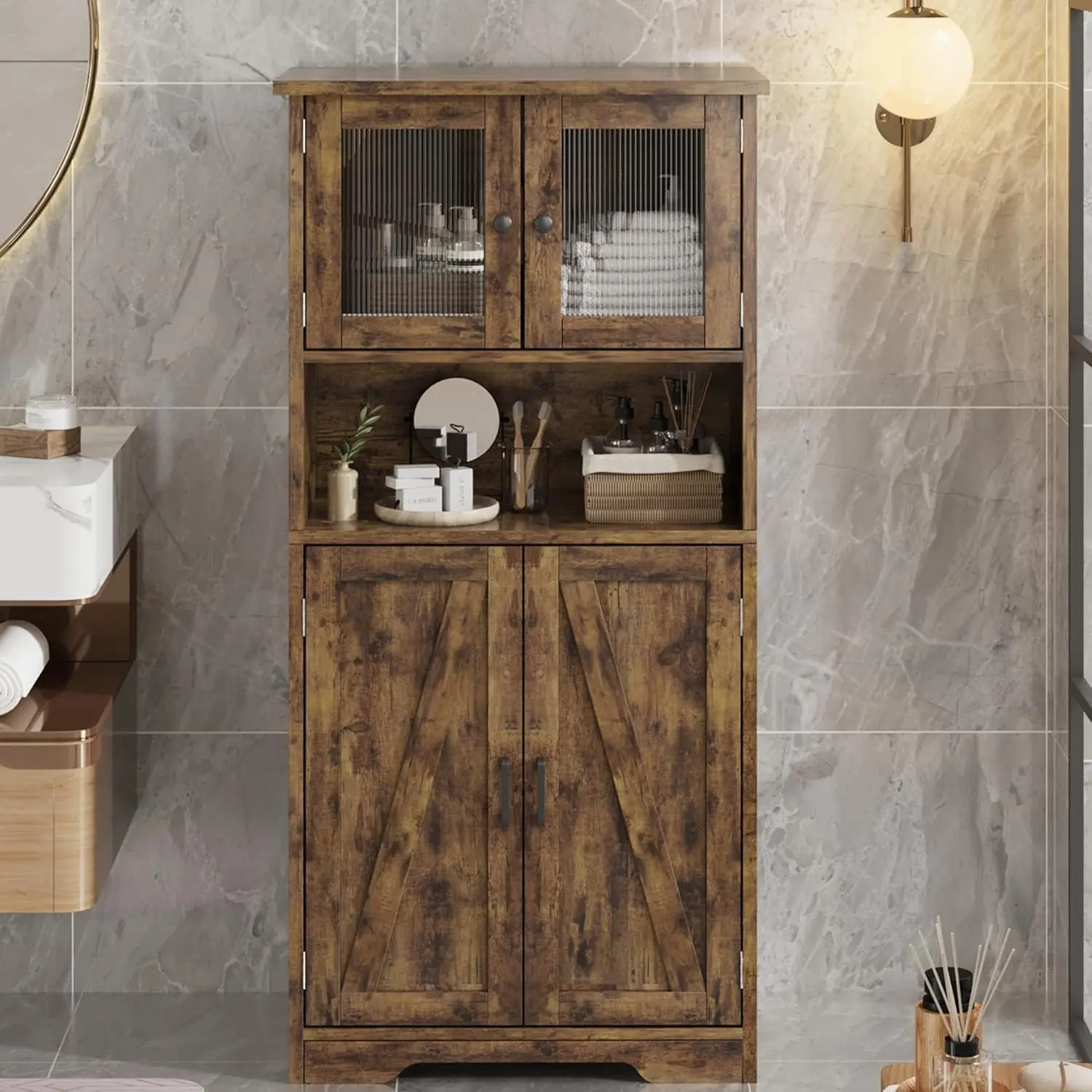 Bathroom Storage Cabinet, Freestanding Floor Linen Storage Cabinet with Doors and Shelves, Wooden Kitchen Pantry Storage Cabinet, Cupboard, Storage Cabinet for Living Room