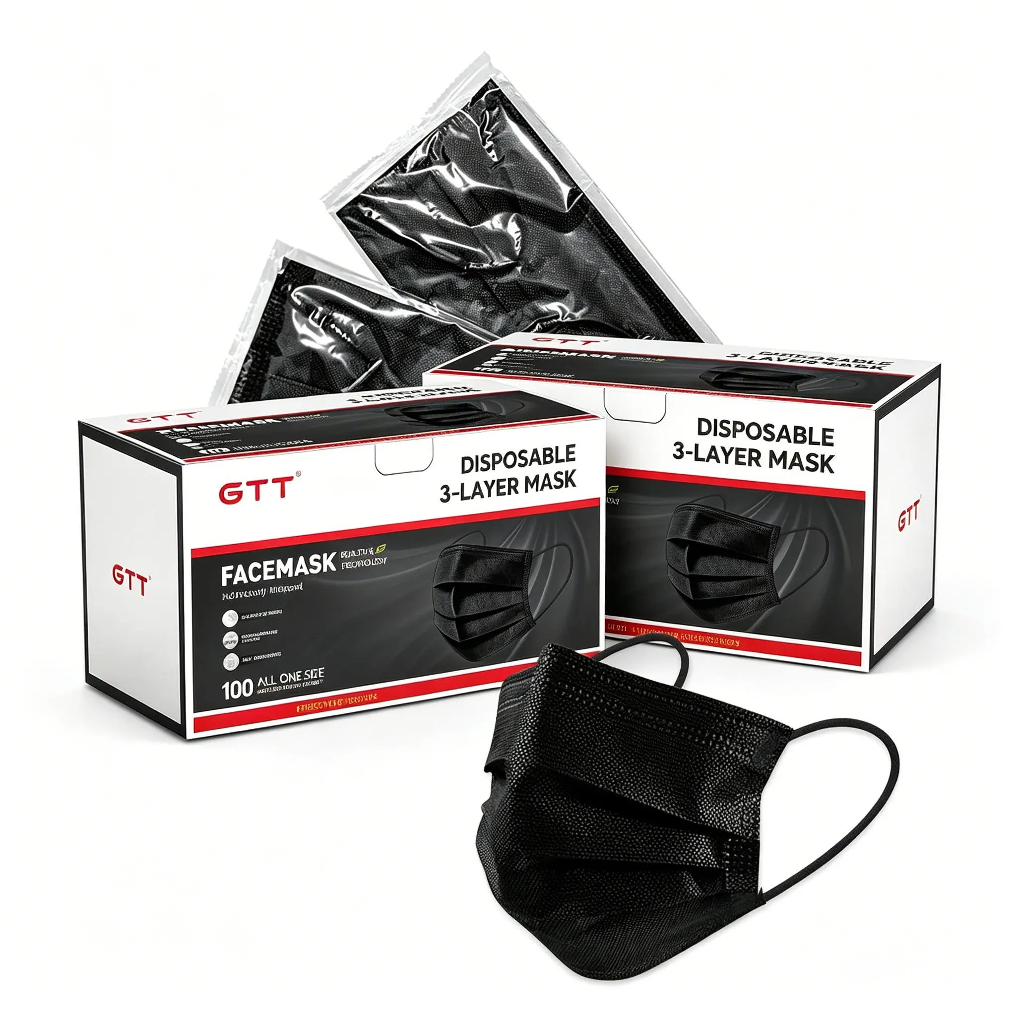 GTT 100PCS Individually Wrapped 3-Ply Generic Black Disposable Protective Dustproof Masks for Adults - 2 Boxes, 3D Lightweight Breathable Portable Dust Covers for Daily Home Care