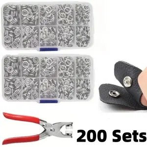 200 sets of buckle kits, equipped with fastener pliers and nail shaped metal buckles, suitable for clothing and synthetic leather production
