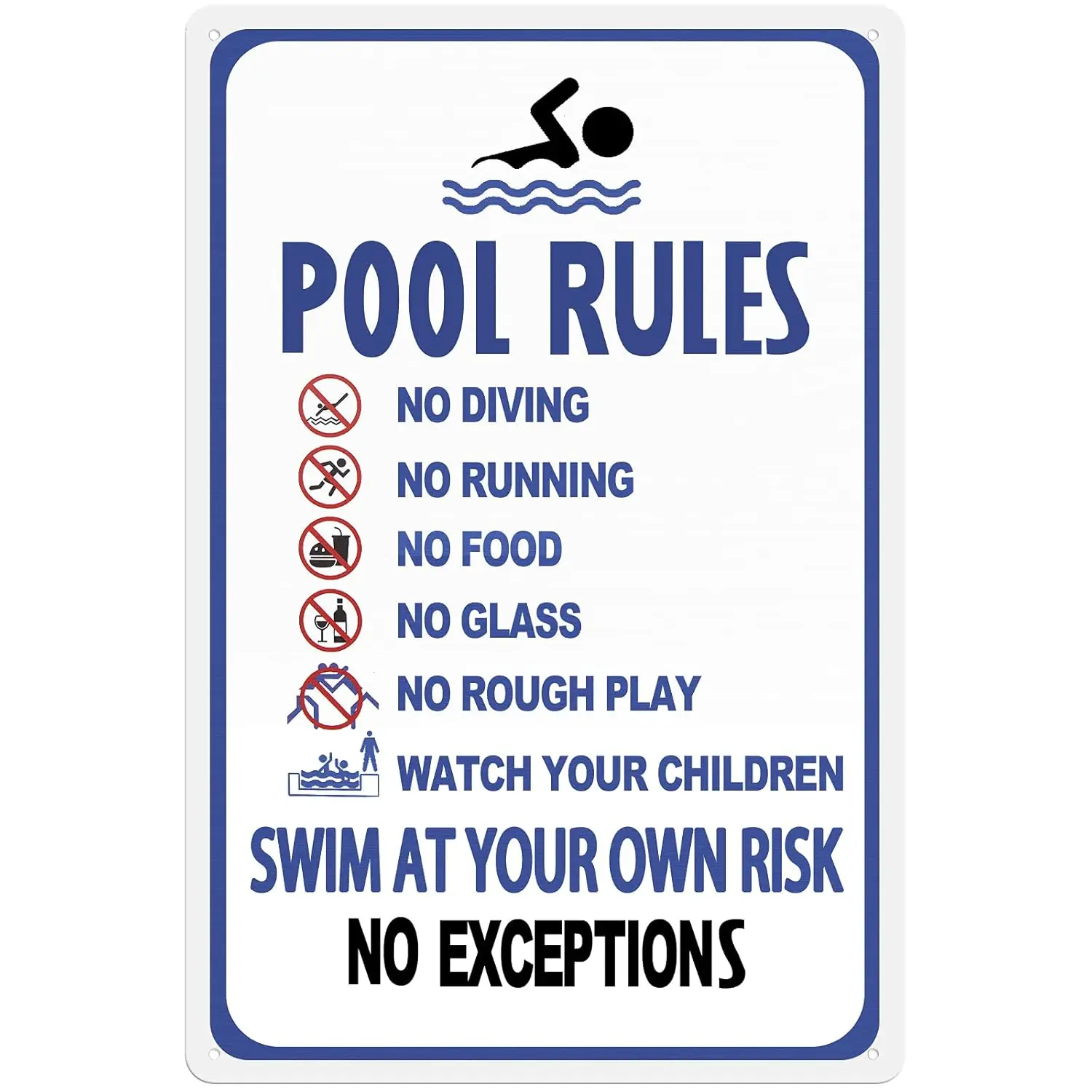 Pool Rules Sign, No Diving No Running No Food No Glass No Rough Play Pool Sign, Easy Mounting Safety Tin Signs for Swimming Pool, 8 x 12 Inches