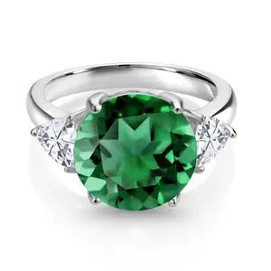 5.94 Cttw Green Nano Emerald and White Moissanite 3-Stone Ring For Women In 925 Sterling Silver | Round 12MM | Trillion 5MM | Three Stone Wedding Engagement Anniversary Ring