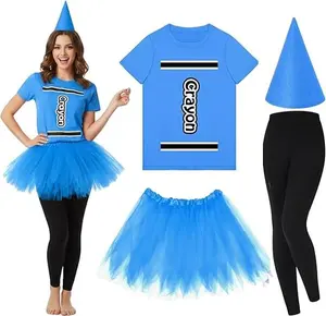 Cute Teacher Crayon Halloween Costume 4 Piece Set, Rainbow Matching Group Outfit with Crayon Top Tutu Skirt Cone Hat Leggings, Themed Dress Up for Educators Team, Adult Women Halloween Costume for Spirit Week Classroom