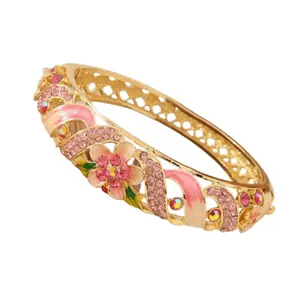 Handmade Chinese Cloisonné Bangle Bracelet with Enamel Floral & Rhinestone Inlay, Bohemian Vintage Alloy Cuff for Women, Traditional Accessory (Turquoise/Multicolor)