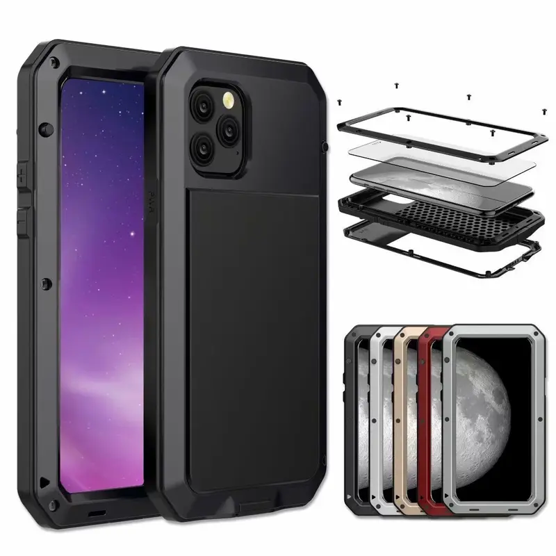 Military Grade Metal Case for iPhone 17 Air 16 15 14 Pro Max Heavy Duty Armor with Built-in Gorilla Glass Screen Protector, IP54 Waterproof & Shockproof Full Body Cover