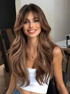 24 Inch Long Curly Wigs for Women, Gorgeous Fluffy Wigs with Blunt Bangs, Synthetic Full Machine Wigs for Party, Daily Use, Fluffy Wave Wig, Curly Wavy Wig