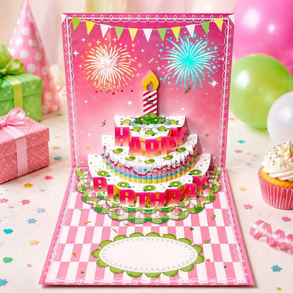 3D   Pop-up   LED Light & Music Birthday Greeting Card with Blowable Candle, Colorful Fireworks Cake Design, Handmade Unique Surprise Gift for Family, Friends (Office Stationery)