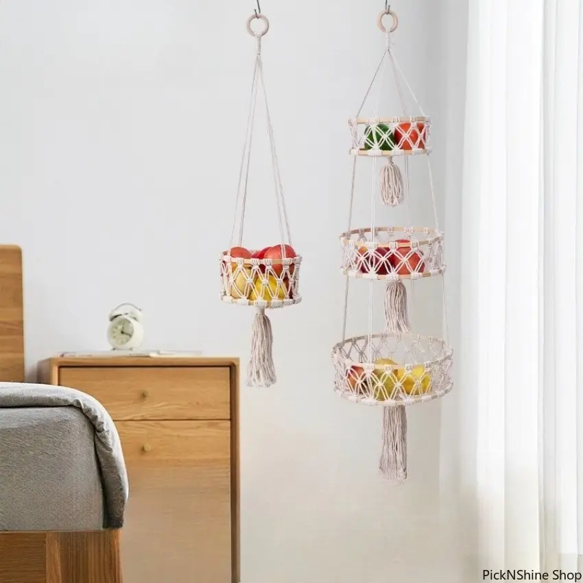 Handmade Synthetic Cotton Rope Macrame Hanging Basket - Multifunctional Artificial Hanging Baskets, Decorative Storage Organizer, Indoor Plant Holder, Unisex Fashion Accessory, Home Hanging Decoration
