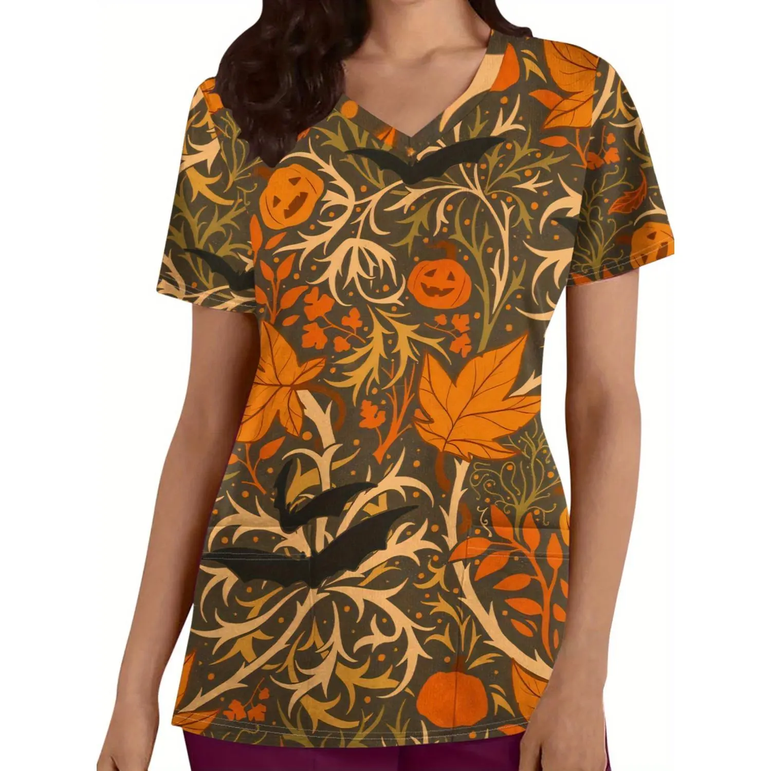 Women’s V-Neck Halloween Print Short Sleeve Work Uniform Shirt – Lightweight, Breathable Scrubs with Pockets for Nurses, Healthcare Workers, Veterinarians & Beauty Professionals – Ideal for Spring & Summer