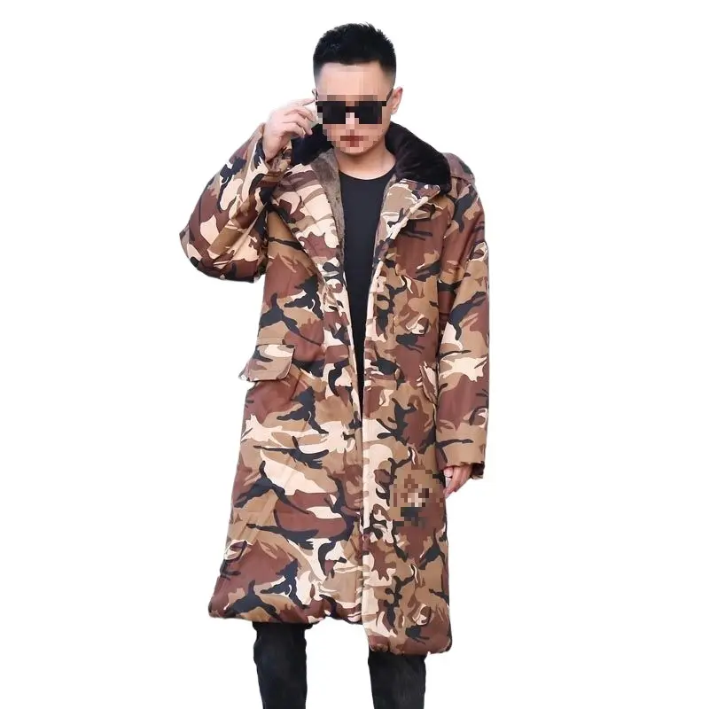 Men's Oversized Fleece-Lined Thermal Camouflage Cotton Parka Jacket - Thick, Insulated, Over-the-Knee Cargo Shell with Pockets, Reflective Menswear Clothes for Winter Outdoor Workwear, Tops, Linen, Coats, Sleeves, Long Sleeve