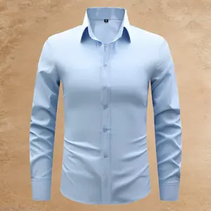 Men’s Patchwork Long-Sleeve Shirt — Slim Fit Blue Button-Up Business Work Shirt for Spring and Autumn