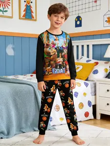 Goat Movie Print Popular Movies Sleepwear Set for Kids, Unique Cartoon Print, Soft Comfortable Fabric, Basketball Star Suitable for Boys & Girls, Unisex Design, Casual Fitted Pajamas for All Seasons, Goat Movie Fans Clothing