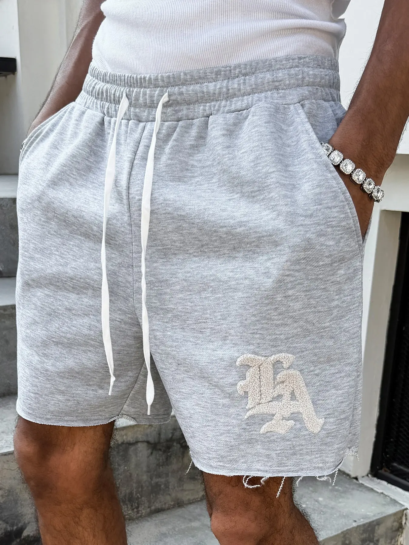 Men's Vintage La Embroidered Shorts, Menswear, Drawstring Waist, Loose-Fit, Casual Streetwear, Ideal for Daily Wear, Fitness, Summer Vacation, Casual Sports Shorts, Drawstring Athletic Shorts, Loose Sporty Shorts