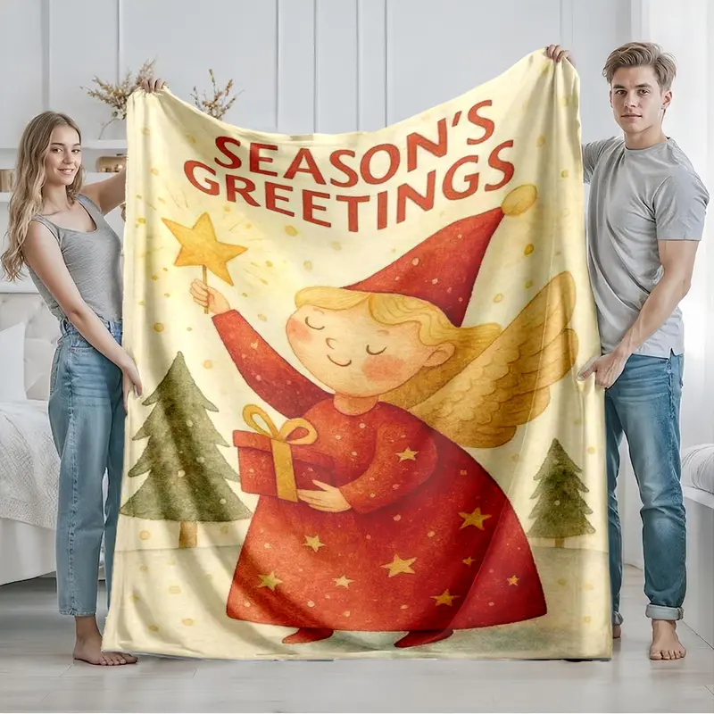 1 piece Festival Blessings Little Angel themed flannel blanket - Oversized fluffy flannel sofa blanket, suitable for beds and sofas, modern design, all-season use, digitally printed pattern, 100% polyester material, machine washable, suitable for