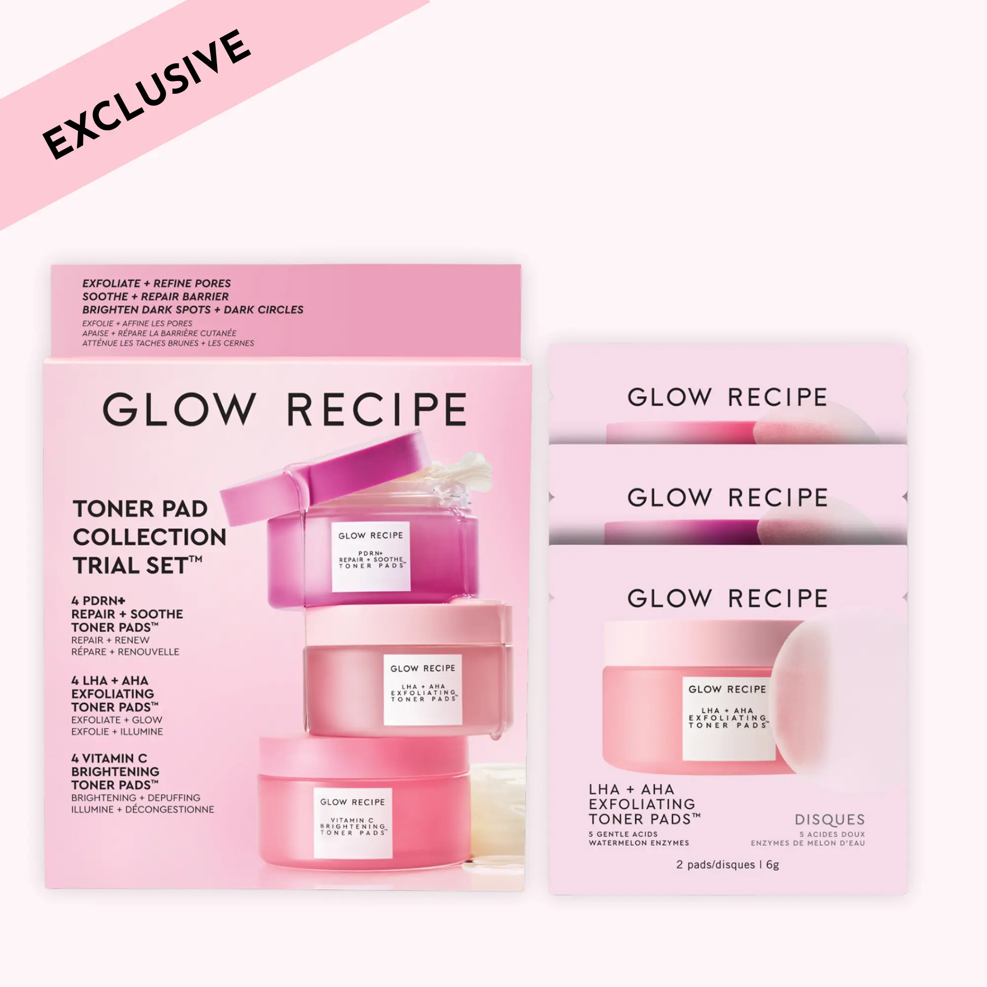 Glow Recipe Limited Edition Korean Toner Pad Trial Set 12ct - Toner Pads for Pores, Dark Spots, and Skin Barrier Repair, Exfoliate, Watermelon, Brightening, Gentle, Aha, Vitamin C