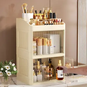 Multifunctional Plastic 3-4 Tier Foldable Makeup Organizer with Drawer - Spacious Storage for Cosmetics, Jewelry, Perfume - Easy to Assemble, Compact Design for Home Bathroom Use