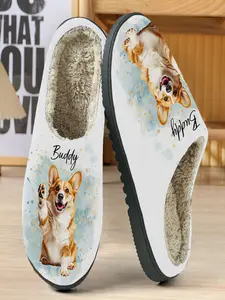 Corgi Buddy Watercolor Theme Cotton Slippers, Soft Plush Lining, Casual Home Wear, Fall & Winter Comfort, Customizable Design