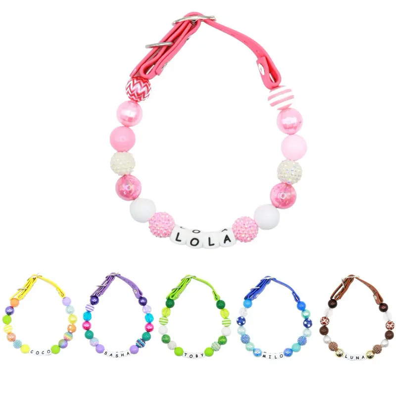 Custom Beaded Name Collar for Dog-Small, Medium and Large Pets-Adjustable Handmade in the USA-Rhinestone and Bubblegum Beads 20MM-Personalized Colors