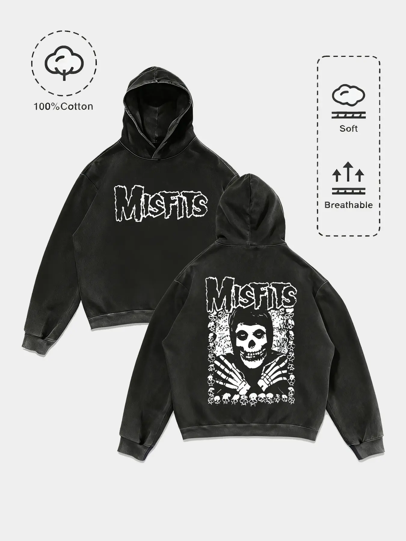 Dark Punk Casual Style Misfits Skull Print Graphic Hoodie Tops, 100% Cotton Vintage Craft, Soft Breathable, Loose Fit, Fall & Winter Streetwear Sweatshirts