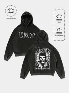 Dark Punk Style Misfits Skull Print Hoodie, 100% Cotton Vintage Craft, Soft Breathable, Loose Fit, Fall & Winter Streetwear