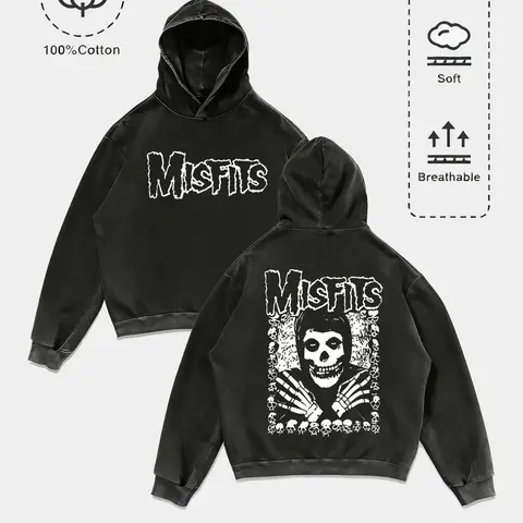 Dark Punk Casual Style Misfits Skull Print Graphic Hoodie Pullover Tops, 100% Cotton Vintage Craft, Soft Breathable, Loose Fit, Fall & Winter Streetwear Sweatshirts
