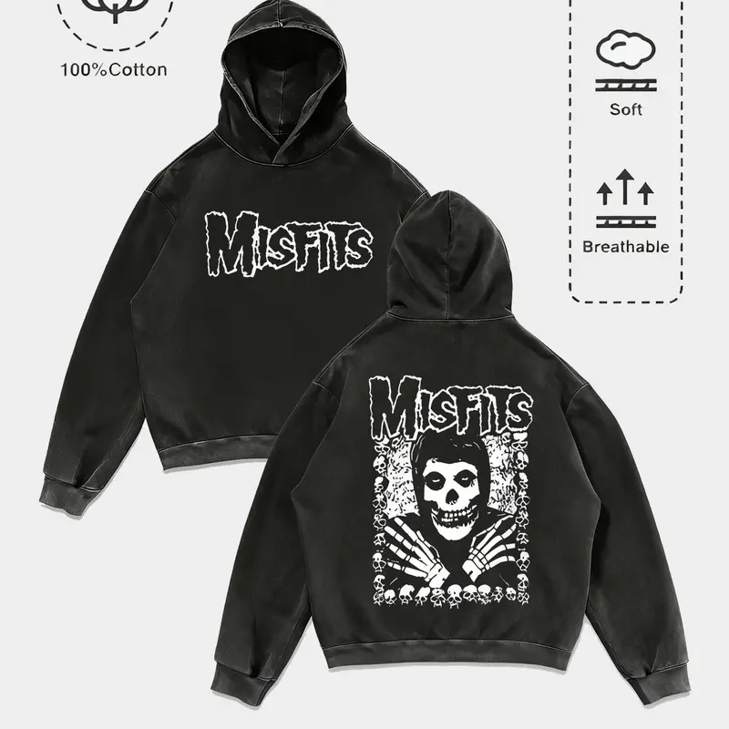 Dark Punk Casual Style Misfits Skull Print Graphic Hoodie Pullover Tops, 100% Cotton Vintage Craft, Soft Breathable, Loose Fit, Fall & Winter Streetwear Sweatshirts