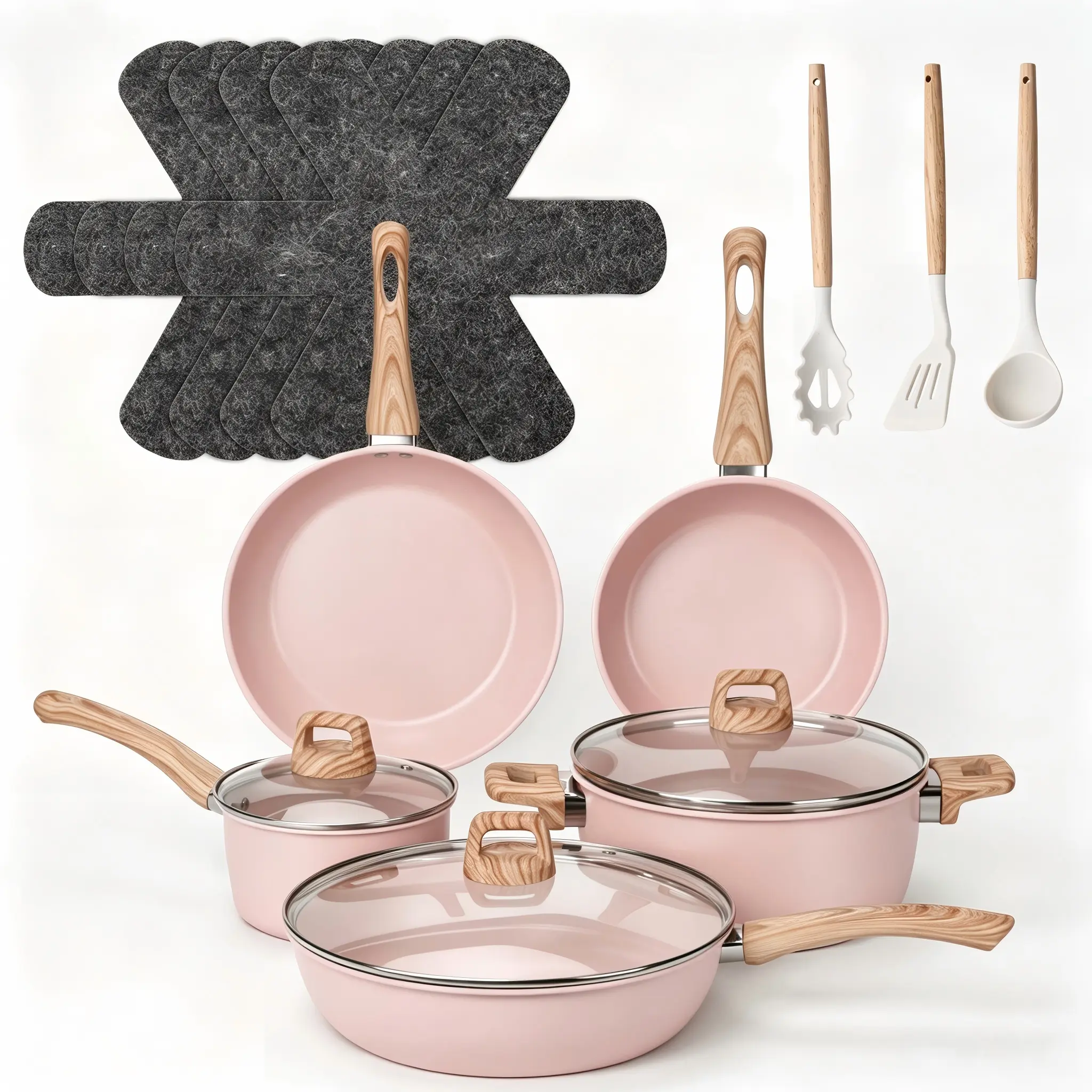 12-Piece Granite Nonstick Aluminium Cookware Set with Handles, Non-Toxic Healthy Coating Kitchen Kit Including Frying Pans, Saucepans, Tempered Glass Lids, Induction & All Stoves Compatible