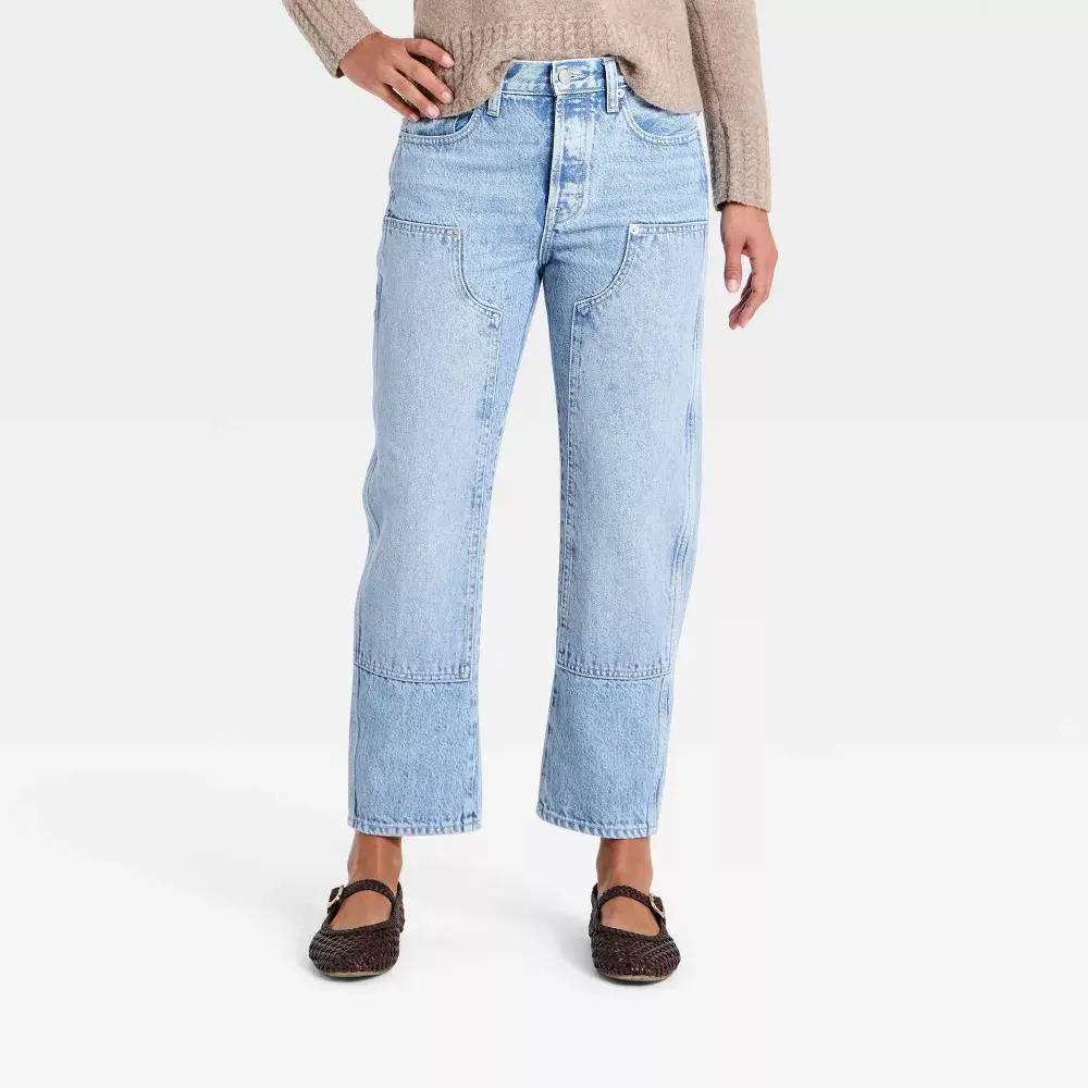 Women's Mid-Rise Painter Boyfriend Jeans - Casual Bottoms with Zipper Closure, Durable Garment Fabric, Universal Fit