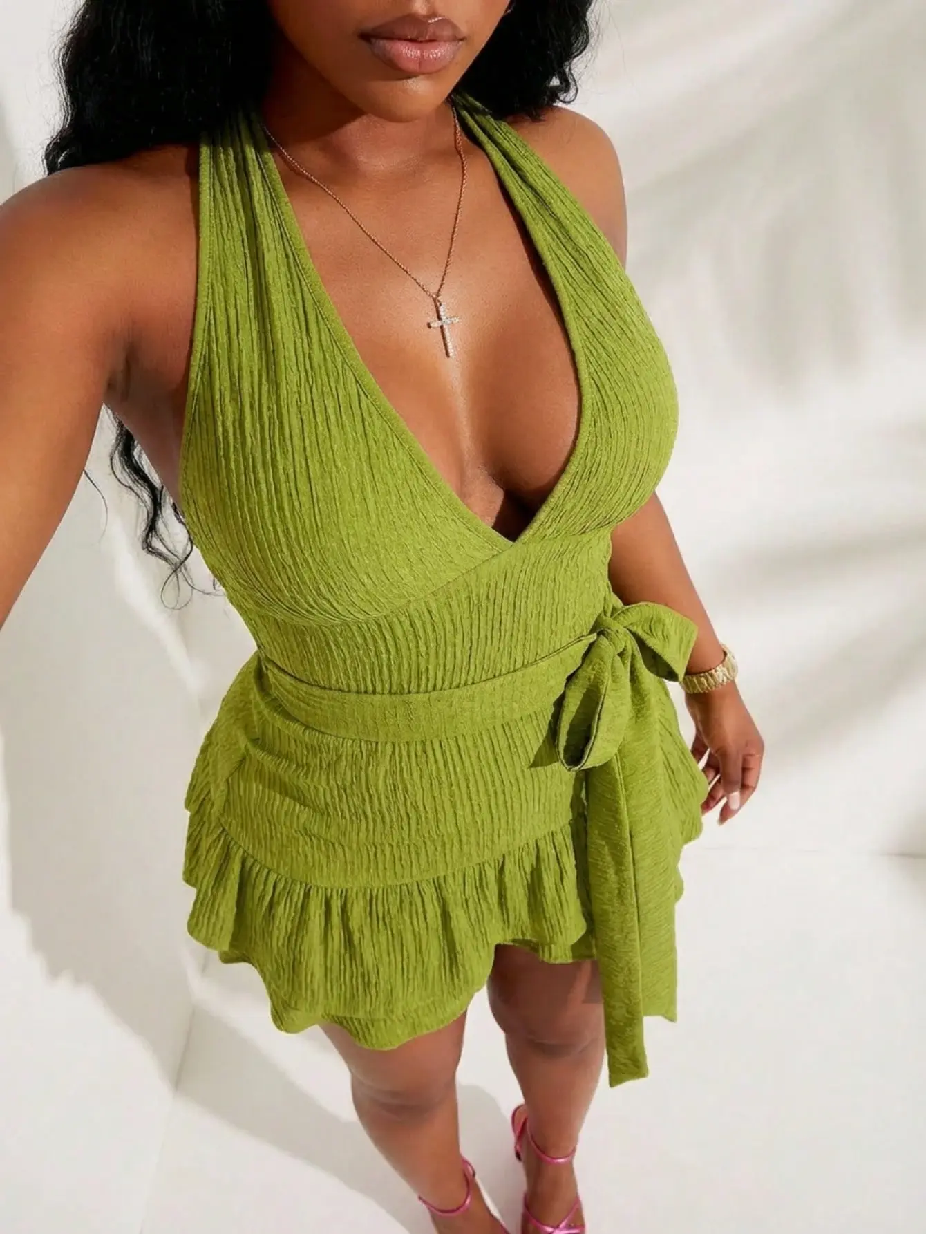 LALUZ Plus Size Olive Green Jumpsuit Summer Boho Vacation Holiday Halter Deep V-Neck Textured Knit Tied Waist Ruffled Hem Beach Dress