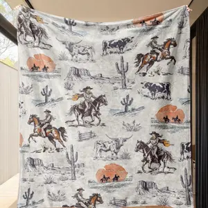 Western Cowboy Flannel Blanket, Soft Comfortable Throw for All Seasons, Ideal for Nap Sofa Office Bed Camping Travel Gift