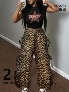 Two-Piece Set Women's All Over Leopard Print Crop Tee & Wide Leg Pants Set, Casual Fashion Cozy Round Neck Short Sleeve T-shirt & Trousers for Daily Outdoor Wear, Ladies Clothes for All Seasons, Suits, Womenswear