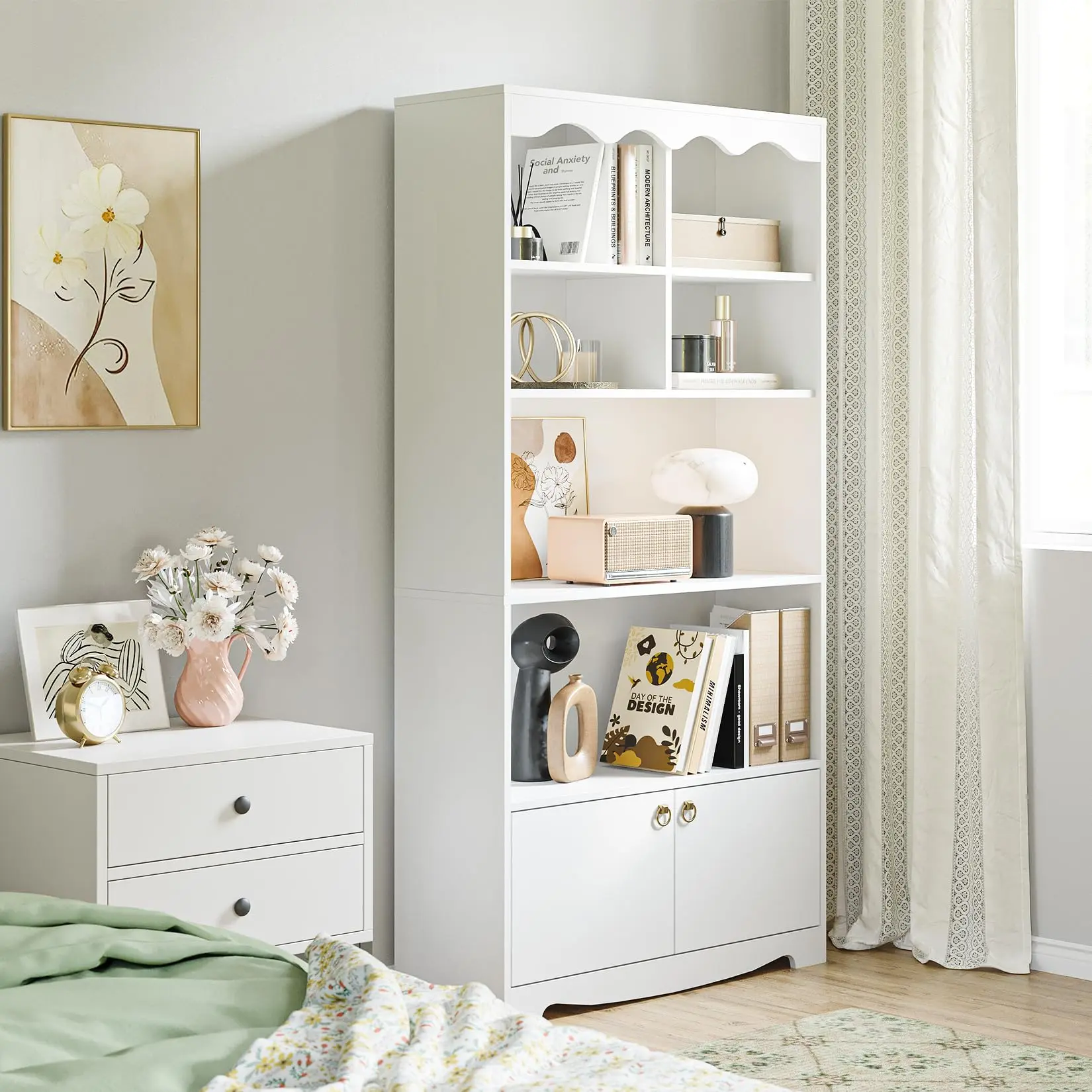 White 63" Tall Wooden Bookshelf Book Rack - 5-Tier Stable Storage with Wave Top, 6 Cubes, 2-Door File Cabinet with Gold Handles, Space Saving Furniture for Home Library, Living Room