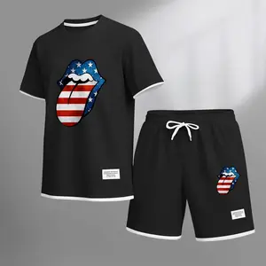 Men's USA Tongue Graphic Print Waffle Fabric Short-Sleeved Shirt And Shorts Set