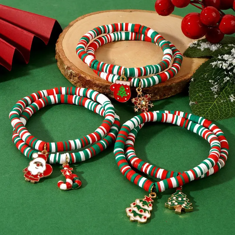 5pcs Random Style Vibrant Christmas Polymer Clay Beaded Heishi Charm Bracelet Set - Women's Colorful Party Favors and Gift Ideas - Santa Claus, Deer, Tree, Bell, Sock, Glove Designs, Perfect for Christmas Eve and Holiday Celebrations