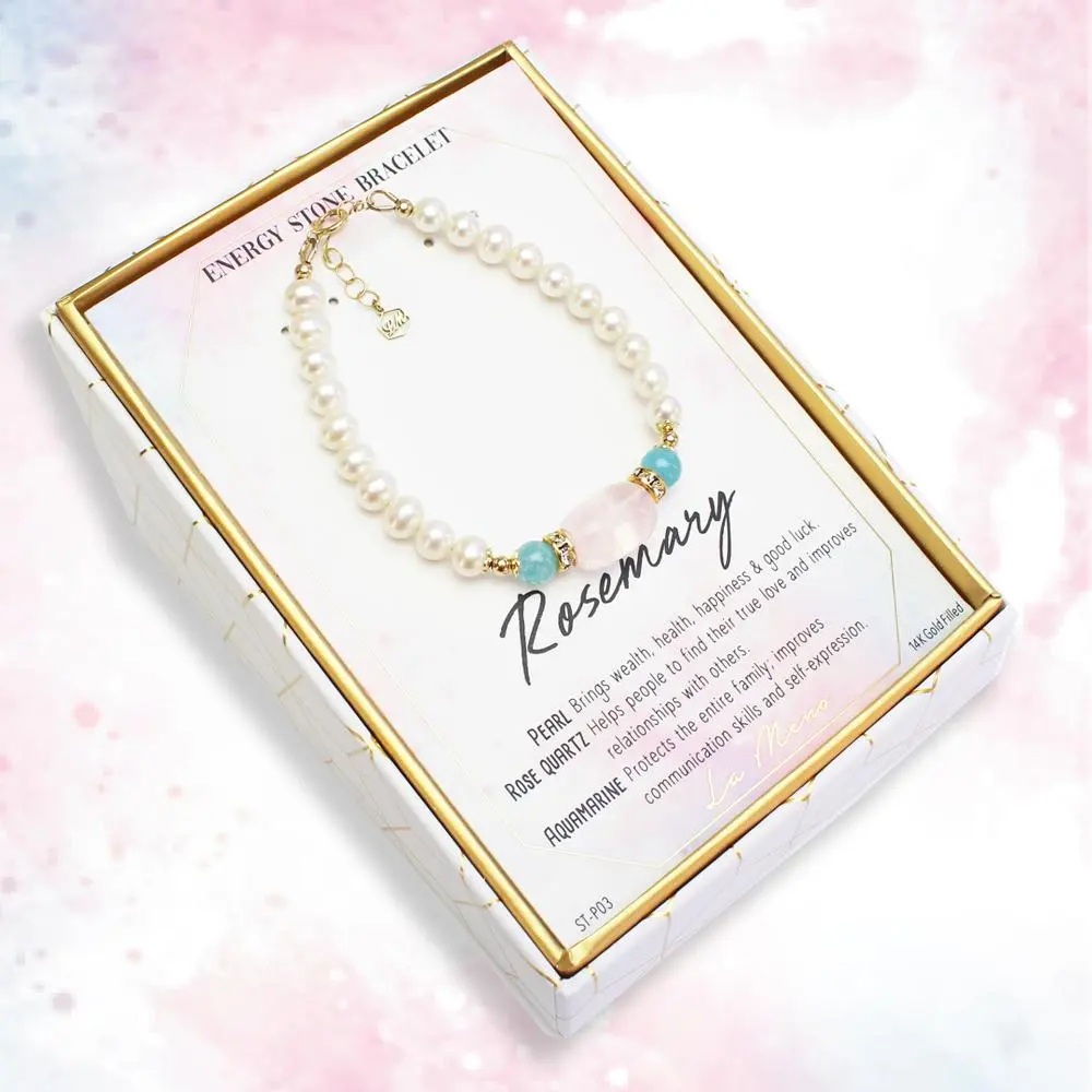 Handcrafted Rosemary Bracelet with Freshwater Pearls, Aquamarine and Rose Quartz, 14K Gold Filled, Nickel-Free, Adjustable up to 7.5 Inches, Made in USA