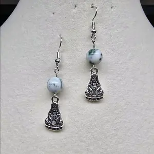 Buddha Statue Earrings with Jasper Beads - Silver Color, Handcrafted Design, Elegant Jewelry Accessory