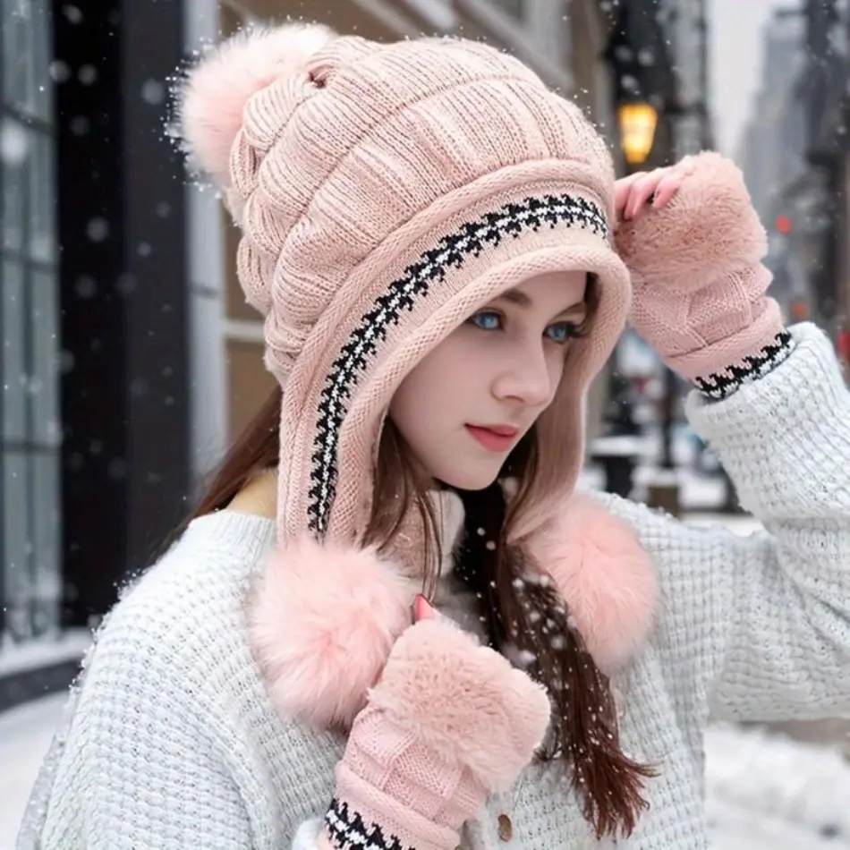 Women’s 2026 New Arrival Acrylic Fleece Beanie Hat & Fingerless Gloves Set - Cold-Proof, Ultra-Soft Lining, Festive, Earmuffs Included, 1 Size Fits All, Accessories for Women (Commute, Outdoor Sports) (TikTokShopBlackFriday Christmas)