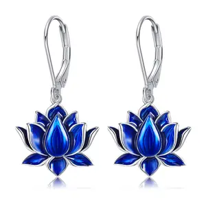 YFN Lotus Flower Earrings 925 Sterling Sliver Blue Lotus Dangle Leverback Earrings Flower Jewelry Gift for Women