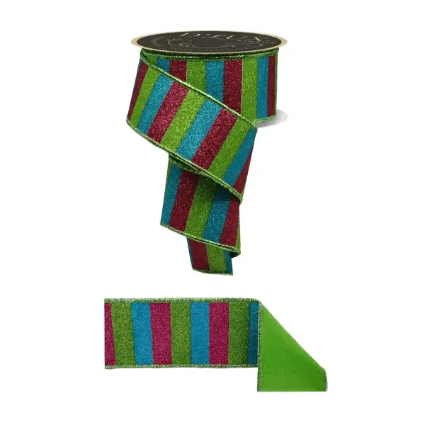2.5" x 10yd D'Lux Glitter Stripe Ribbon in Hot Pink, Lime & Turquoise w/ Lime Fused Backing