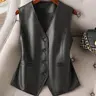 Women's Solid Color Button Front Fitted Pu Leather Sleeveless Vest, Sleeveless Blazer Vest, Fashion Casual V Neck Outerwear for Work Office Business, Ladies Spring & Fall Clothes, Sleeveless Blazer Waistcoat, Womenswear