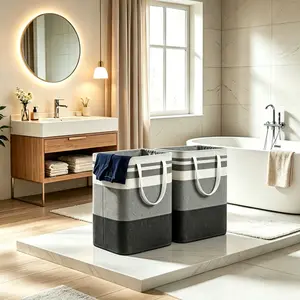 2 Pack Large Laundry Baskets, Waterproof, Freestanding Laundry Hampers, Collapsible Clothes Hamper with Reinforced Handles in Laundry Room, College Dorm, Bathroom, Bedroom (Grey, 75Lx2)