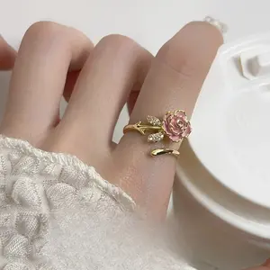 2pcs Elegant Adjustable Flower Ring for Women - Luxurious Golden-Tone with Pink Rose Design & Clear Cubic Zirconia Accents, Perfect for Daily Wear or Gifting, Ideal Valentine's Day Accessory