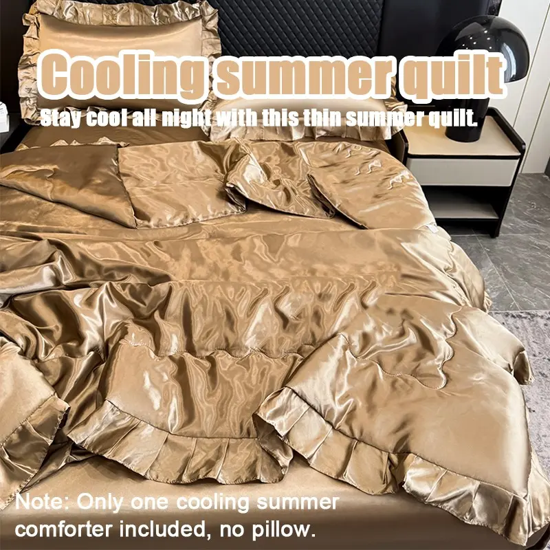 Silky Satin Ruffle Air Conditioner Blanket, Luxurious Cool Breathable Summer Quilt, Twin Size, Home Use