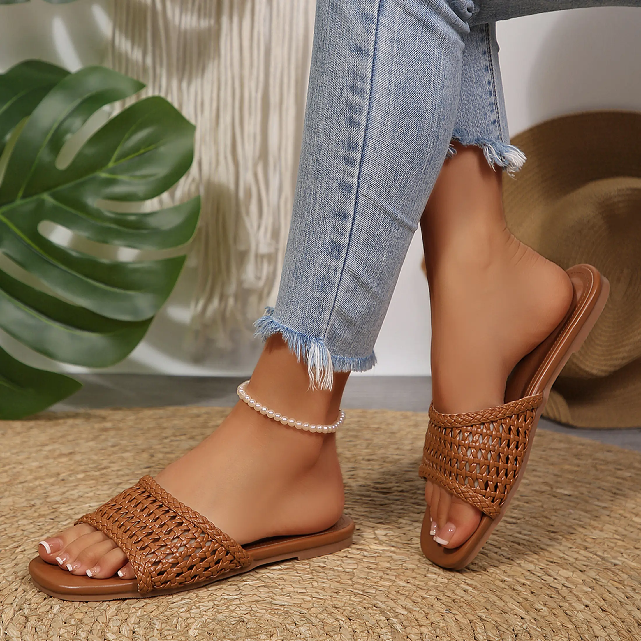 Women's Boho Woven Slide Sandals, Open Toe Flat Heel Sandals for Vacation, Beach, Daily Wear